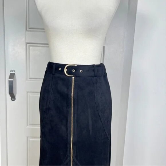 Marc New York Faux Suede Pencil Midi Skirt Gold Zip Front Detail Belted Sz XS - Picture 4 of 9